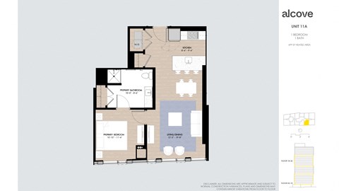 Floor plan for 1 bed, 1 bath, 699 sqft